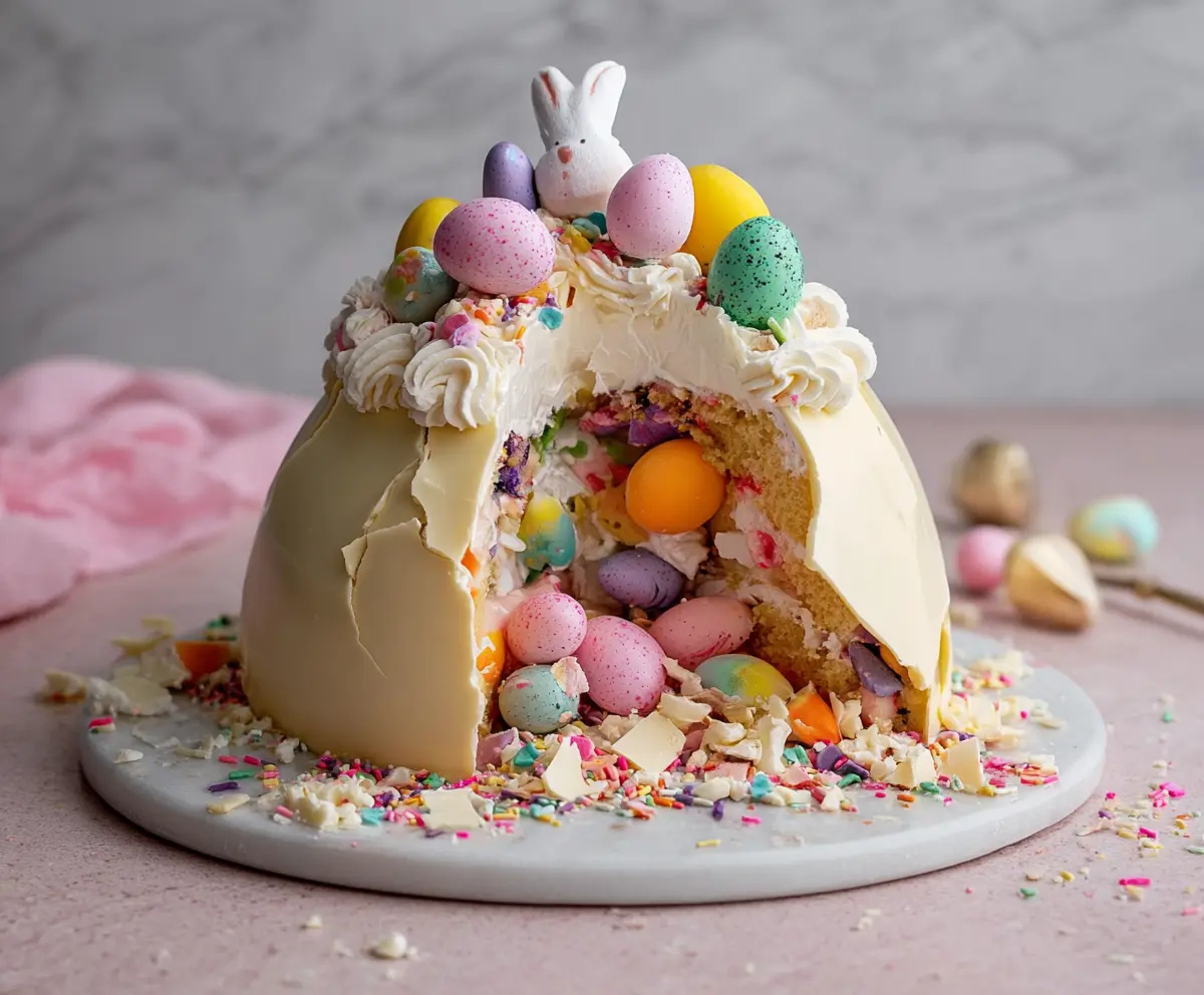 Delicious Epic Easter Egg Smash Cake with colorful icing and holiday decorations