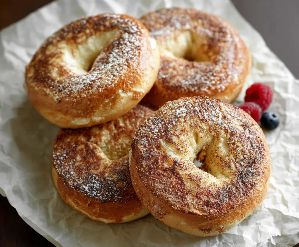 Delicious French Toast Bagels topped with syrup and powdered sugar, ready to serve.
