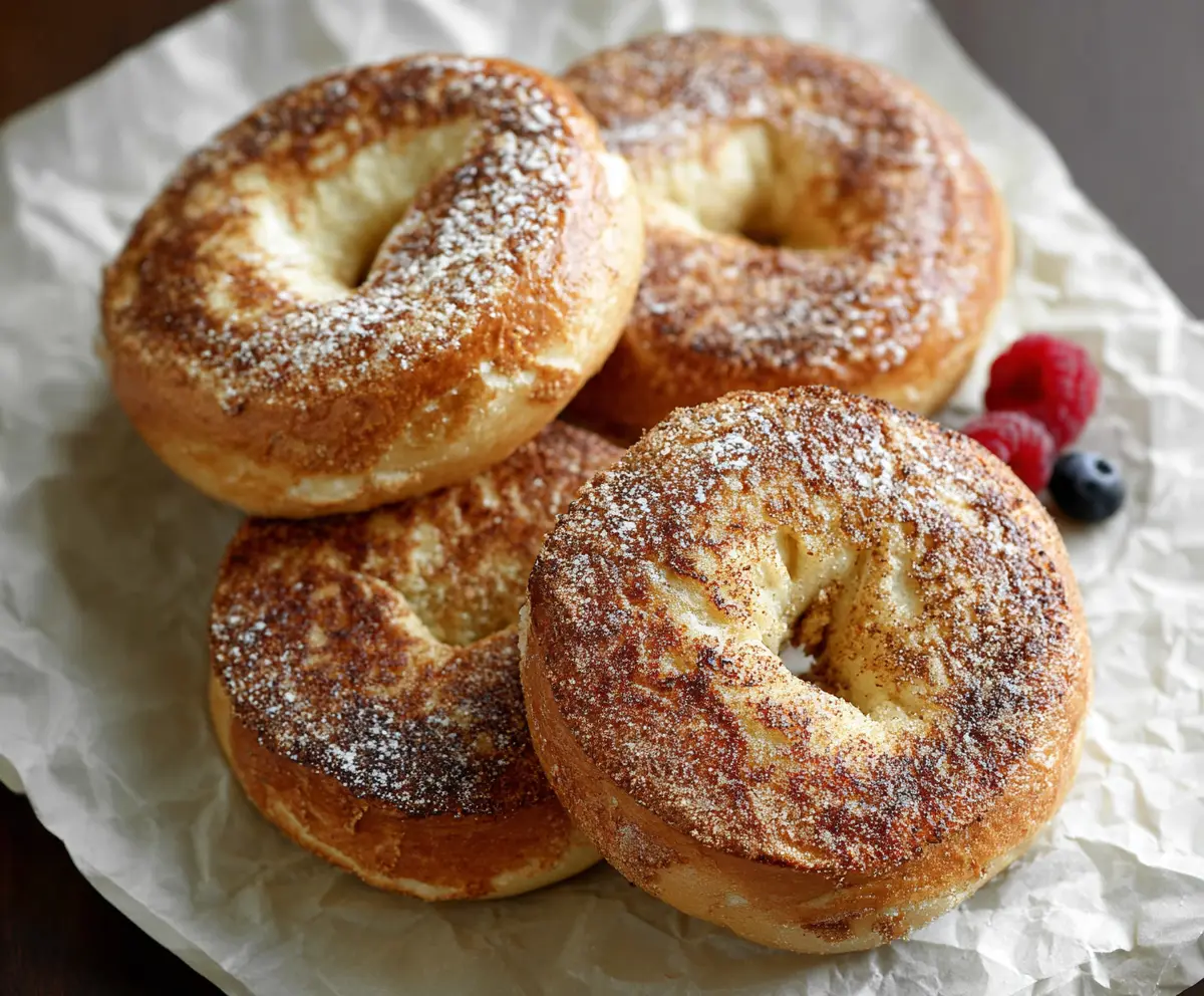 Delicious French Toast Bagels topped with syrup and powdered sugar, ready to serve.