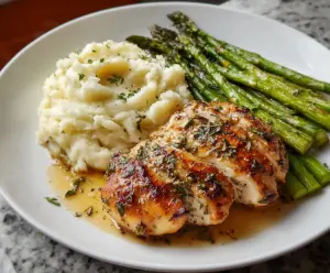 Delicious garlic herb chicken served with creamy mashed potatoes and roasted asparagus on a dinner plate.