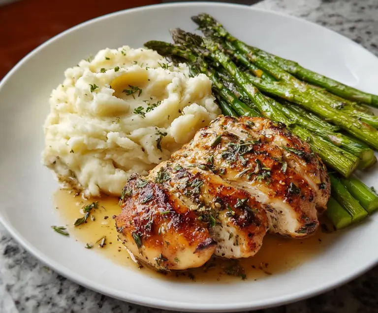 Garlic Herb Chicken With Mashed Potatoes And Roasted Asparagus