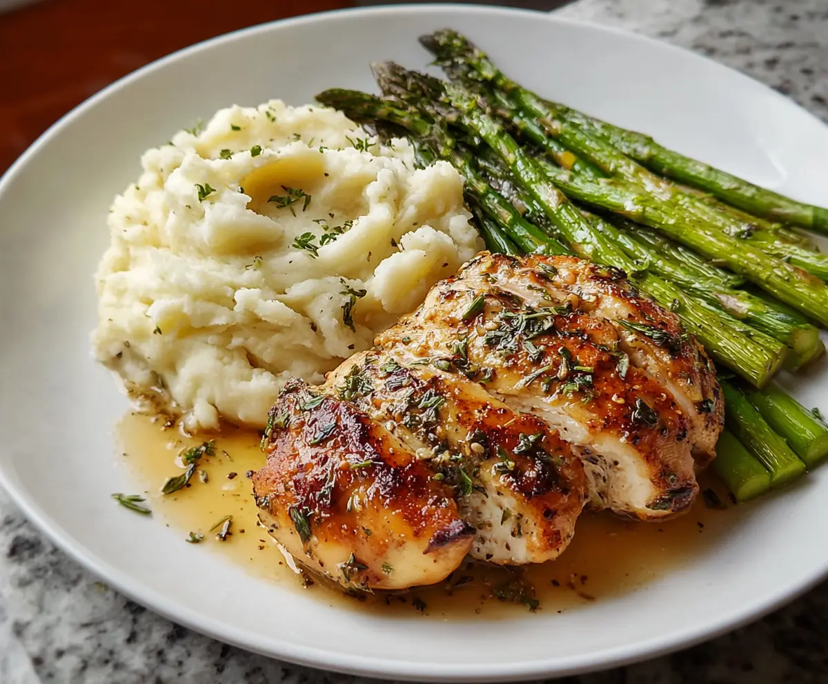 Delicious garlic herb chicken served with creamy mashed potatoes and roasted asparagus on a dinner plate.