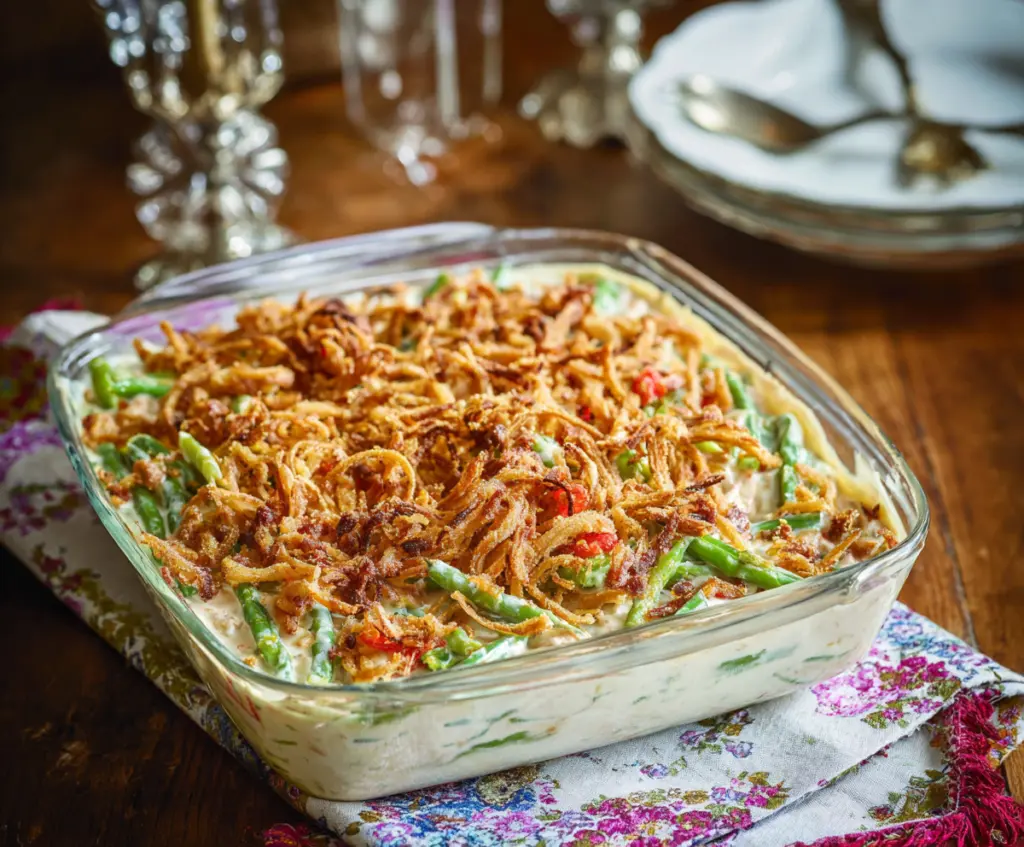 Delicious homemade Green Bean Casserole with crispy fried onions on top, served in a white baking dish.