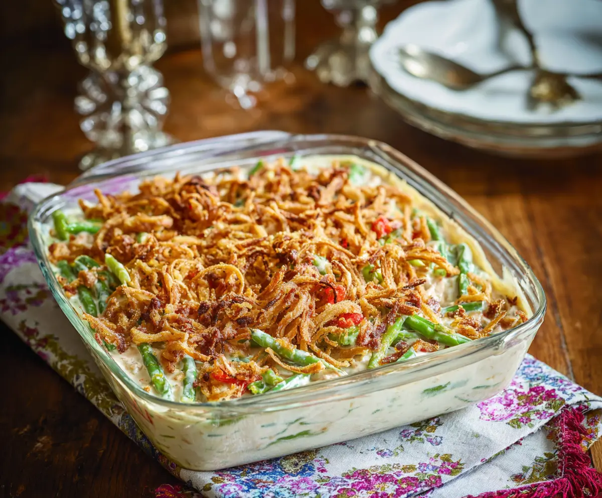 Delicious homemade Green Bean Casserole with crispy fried onions on top, served in a white baking dish.