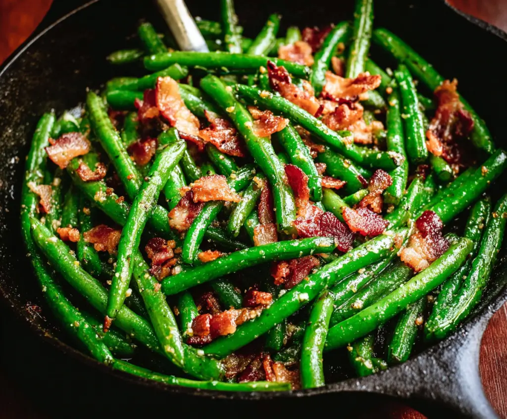 Savory green beans with crispy bacon strips, perfect for a flavorful side dish