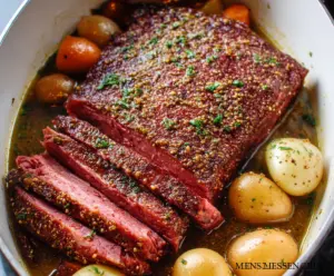 Delicious Guinness braised corned beef served with cabbage and potatoes