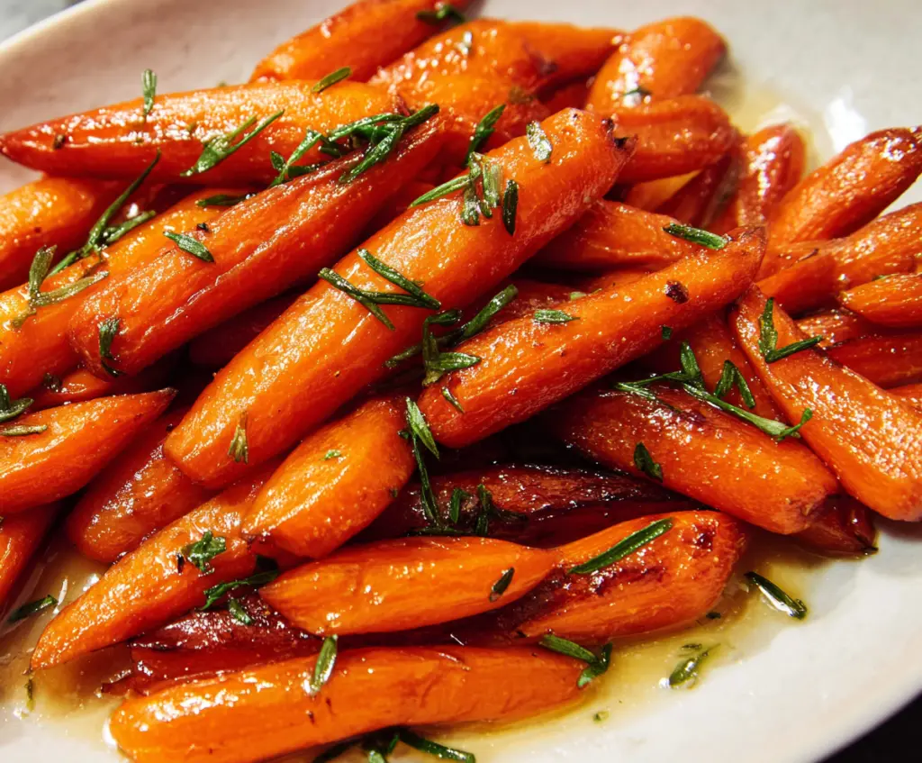Sweet and tender honey glazed carrots garnished with fresh herbs, perfect for a healthy side dish.
