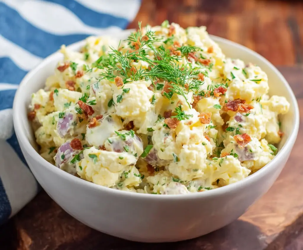 Keto cauliflower potato salad with fresh herbs and creamy dressing