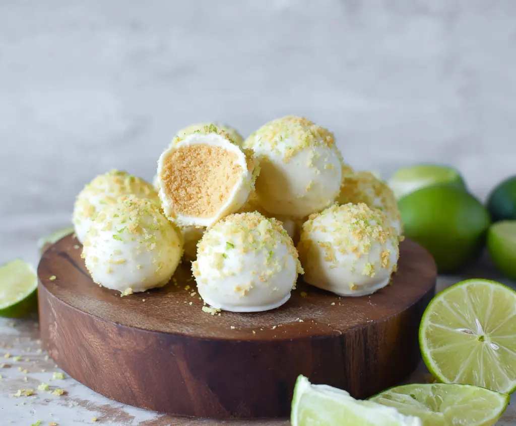 Delicious Key Lime Pie Truffles with a creamy lime filling and chocolate coating.