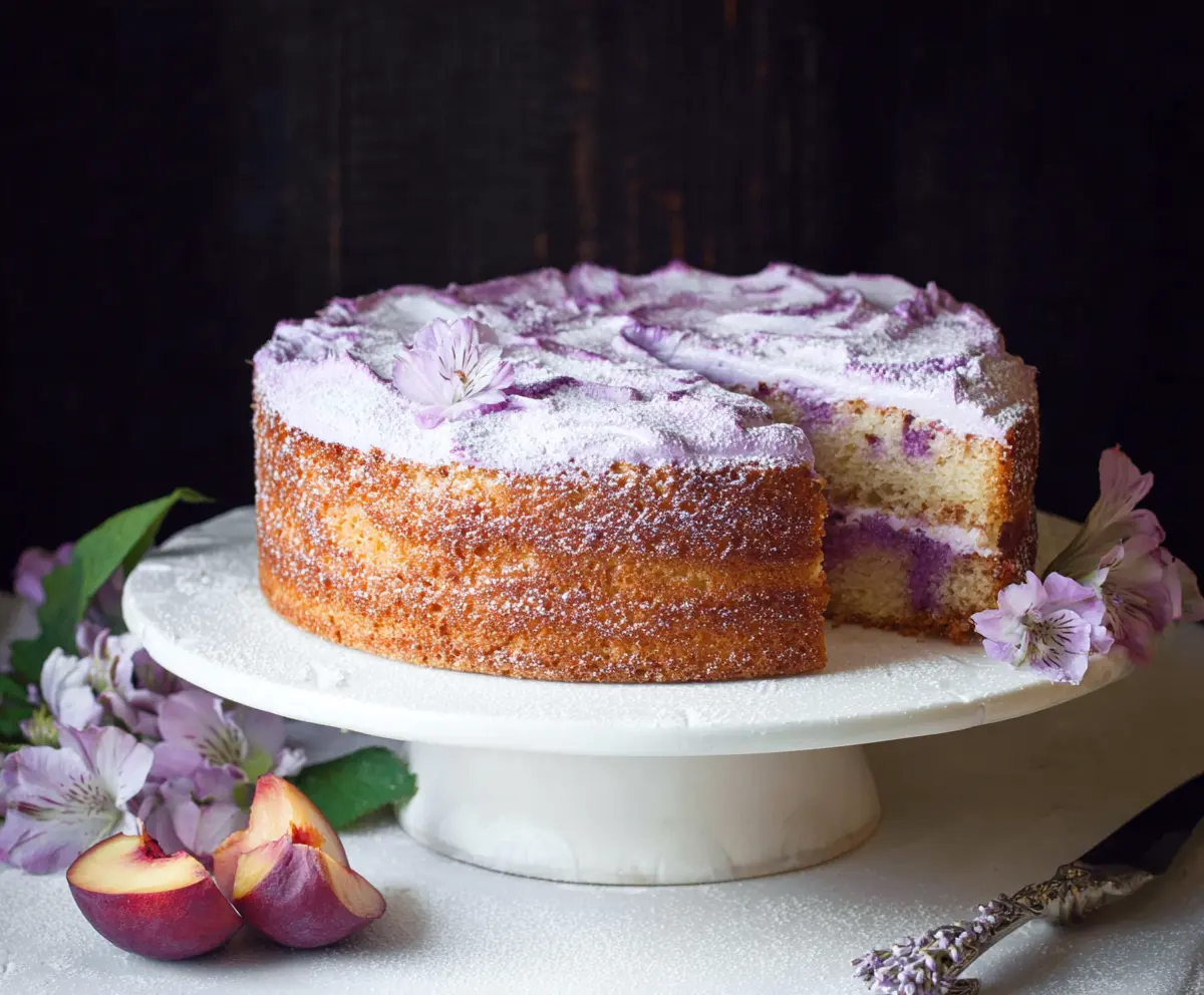 Delicious Lavender Peach Cake with layers of fluffy sponge, lavender-infused frosting, and fresh peach slices.
