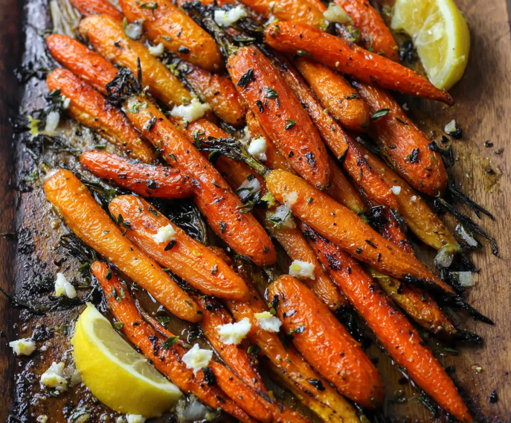 Delicious Lemon Dijon Roasted Carrots served on a white plate, garnished with fresh herbs