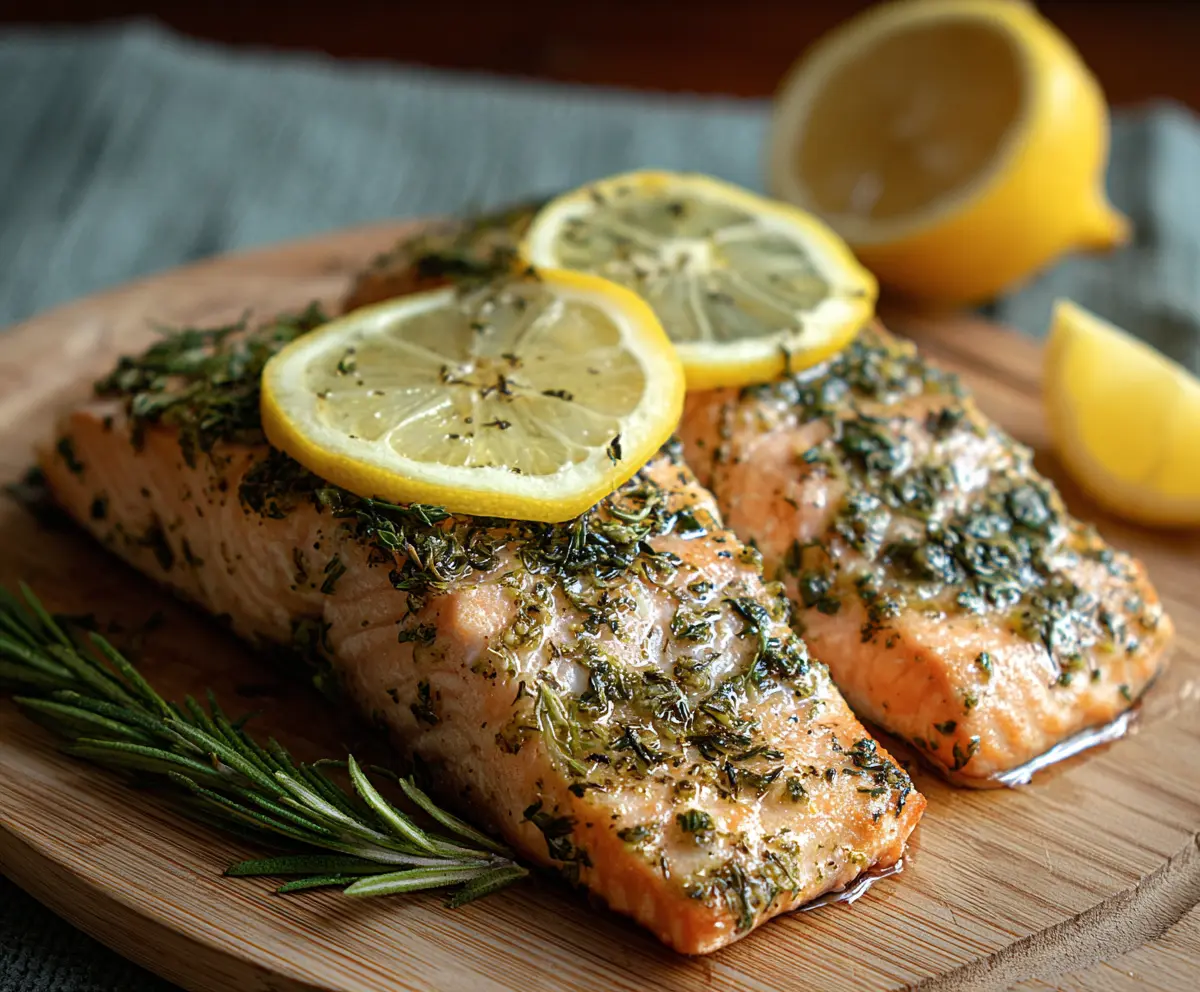 Fresh Lemon Herb Salmon fillet garnished with herbs on a white plate, perfect for a healthy dinner.