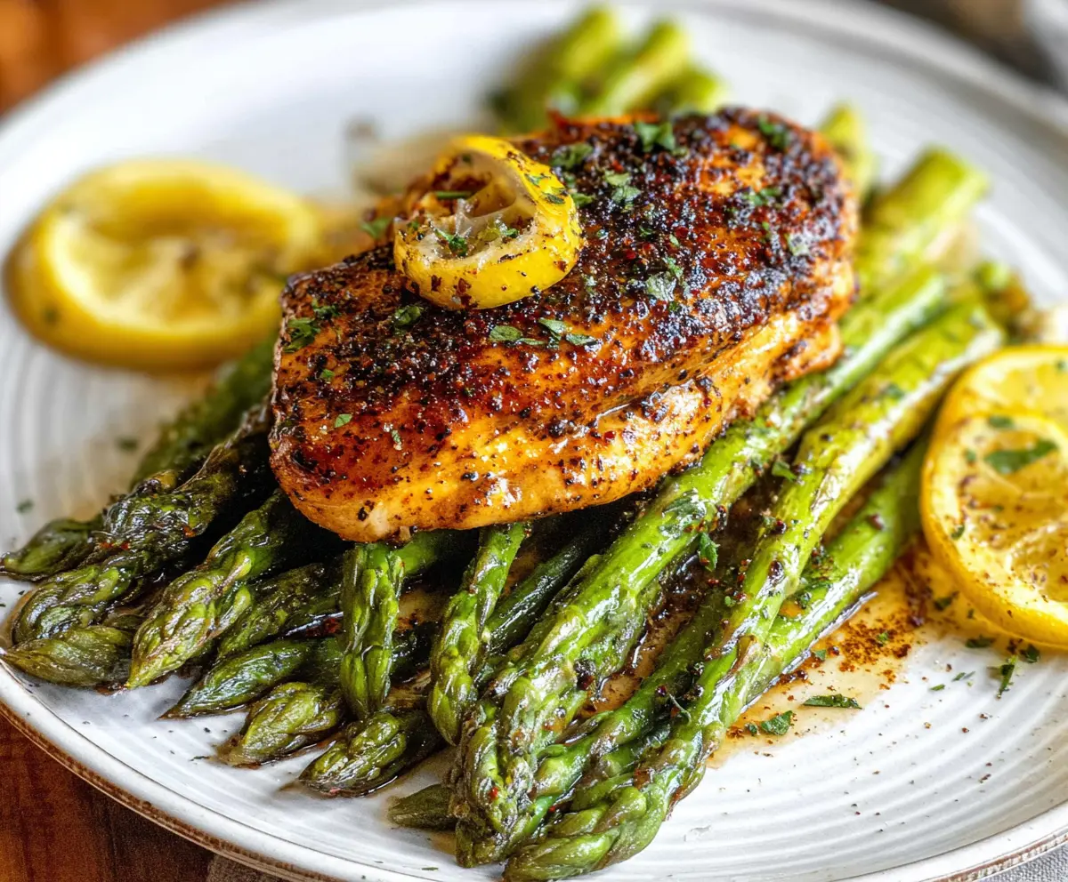 Juicy lemon pepper chicken served with fresh roasted asparagus on a white plate.