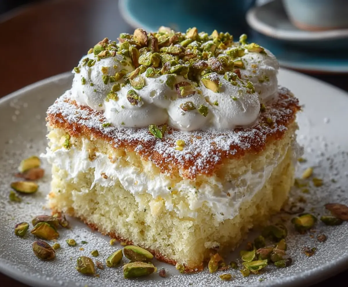 Delicious Lemon Pistachio Ricotta Cloud Cake with lemon zest and crushed pistachios on top.