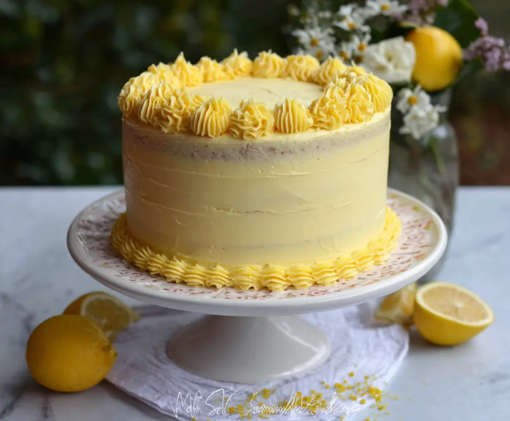 Delicious Lemon Velvet Cake with a smooth creamy frosting and fresh lemon slices on top.