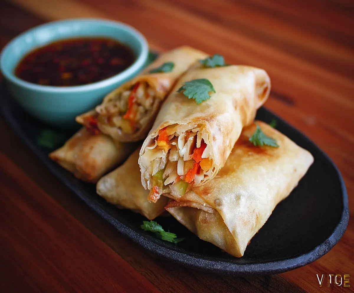 Crispy Lo Mein Spring Rolls filled with noodles and vegetables on a white plate.