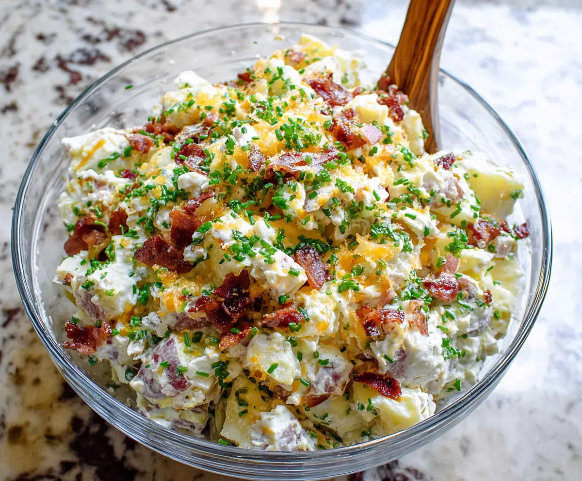 Delicious loaded potato salad with crispy bacon, cheddar cheese, and green onions on a white plate.