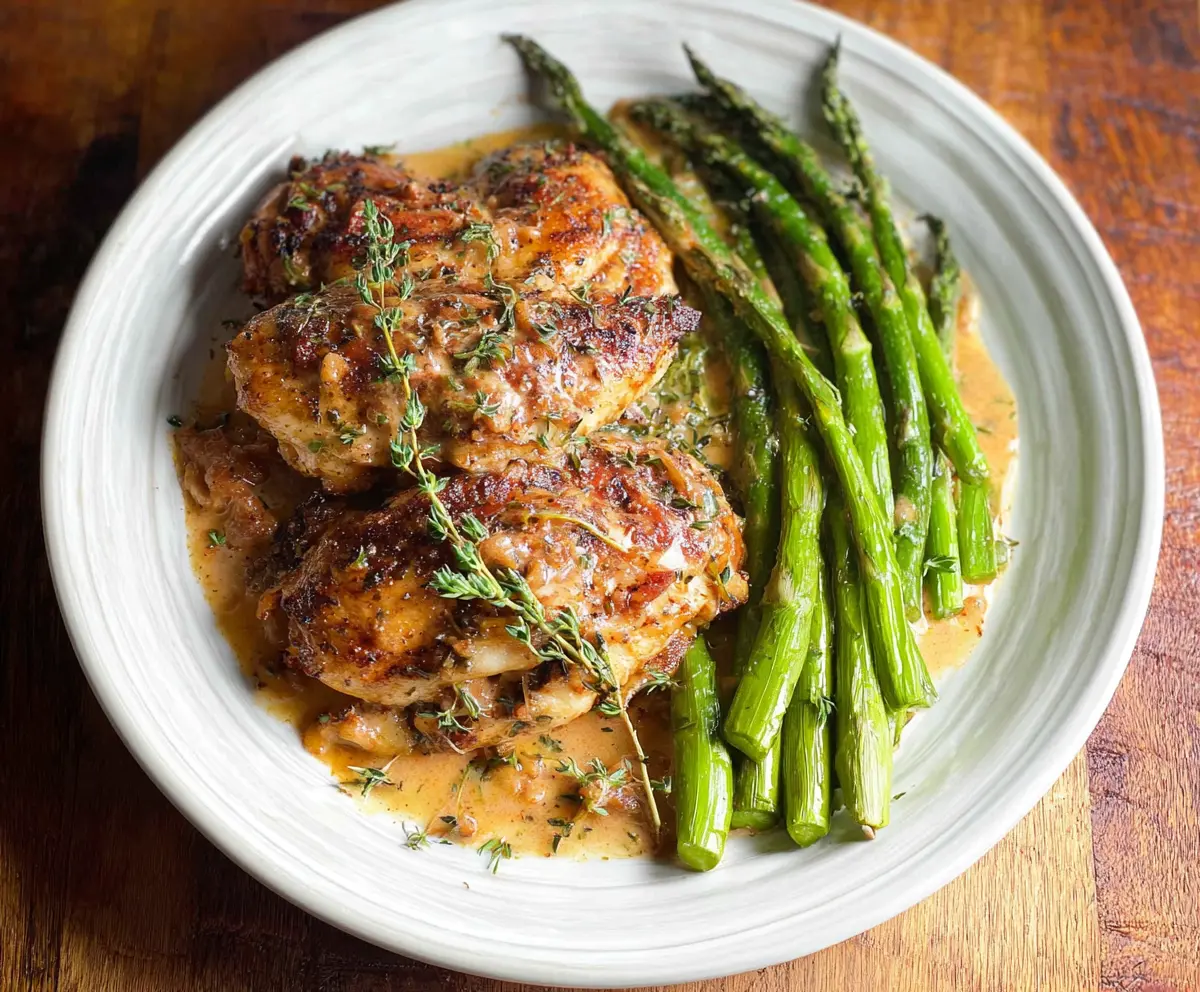 Delicious Marry Me Chicken served with fresh asparagus on a elegant plate.