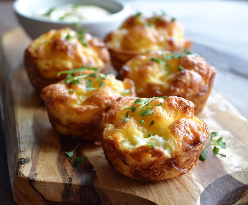 Delicious mashed potato cheese puffs on a serving plate, garnished with herbs.