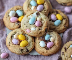 Delicious mini egg cookies with colorful chocolate candies and a crispy texture on a baking tray.