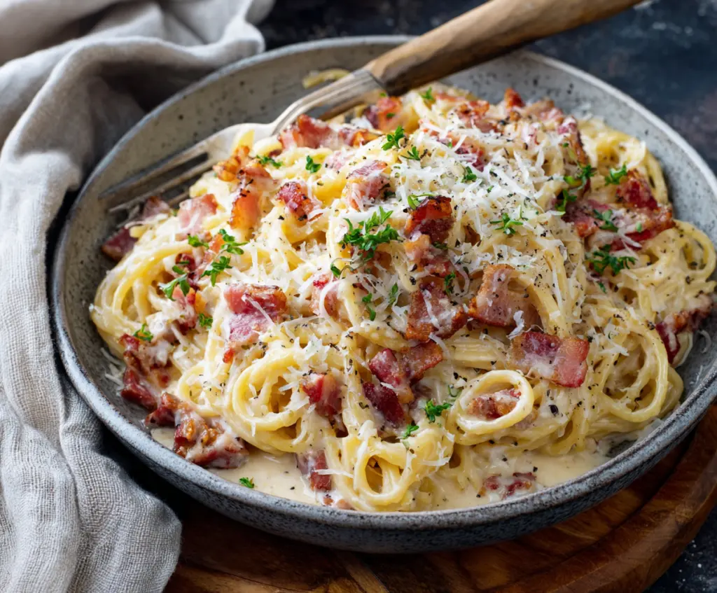 Creamy Pasta Carbonara with crispy Guanciale and grated Parmesan cheese.