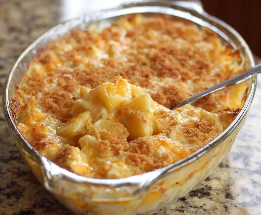 Delicious pineapple cheese casserole with melted cheese and fresh pineapple chunks on top.