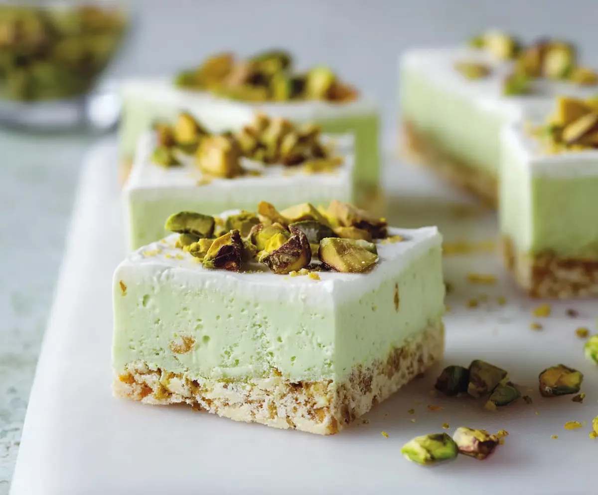 Delicious pistachio cream bars garnished with chopped pistachios on a serving plate.