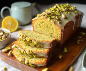 Delicious Pistachio Lemon Pound Cake with vibrant yellow lemon glaze and chopped pistachios on top.