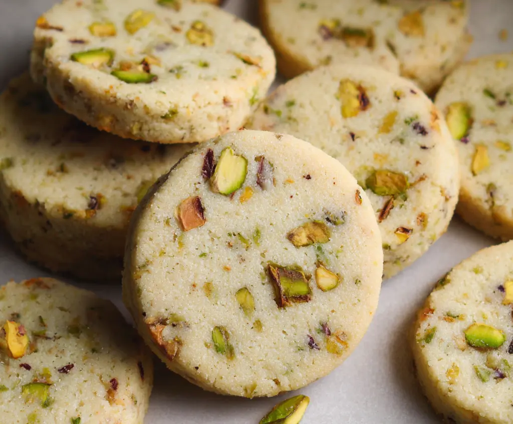 Delicious pistachio shortbread cookies on a plate, perfect for snacking or gifting