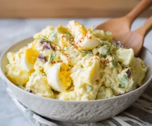 Creamy homemade potato salad with fresh herbs and boiled potatoes.