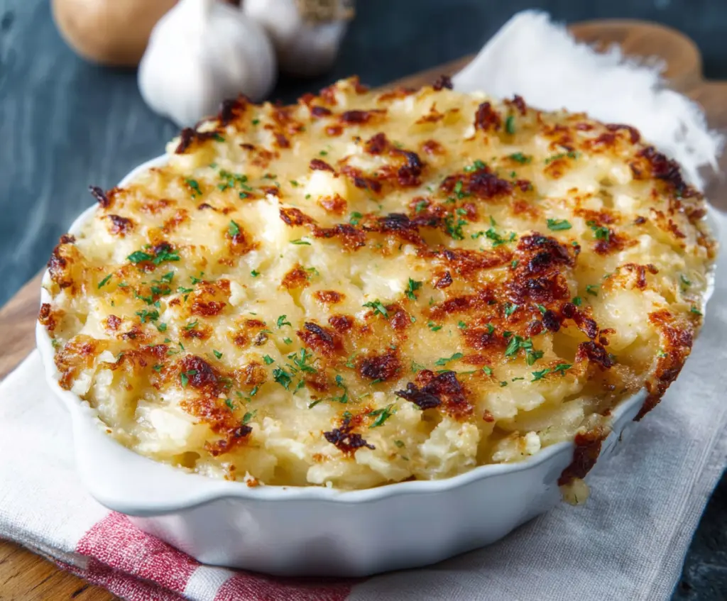 Creamy Potatoes Romanoff with cheese garnished with herbs on a serving dish