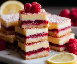 Delicious Raspberry Lemon Cheesecake Bars with a creamy topping and fresh fruit garnishing.