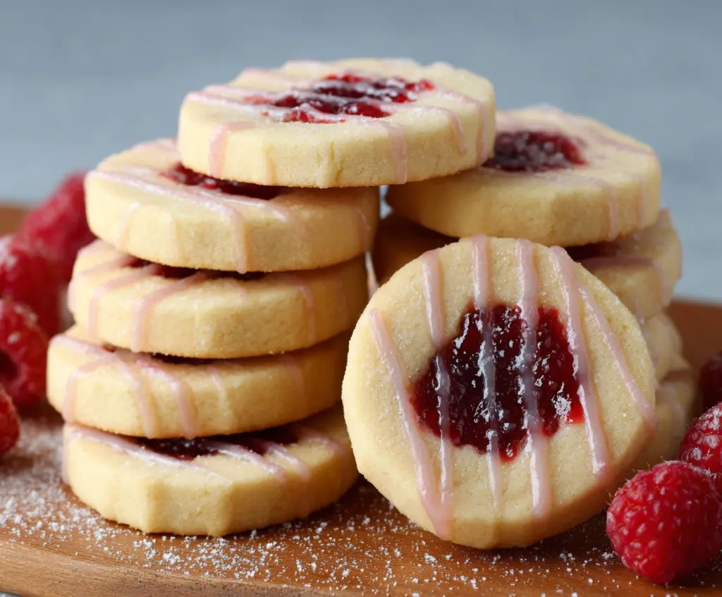 Delicious homemade raspberry shortbread cookies on a rustic plate, perfect for dessert or tea time.