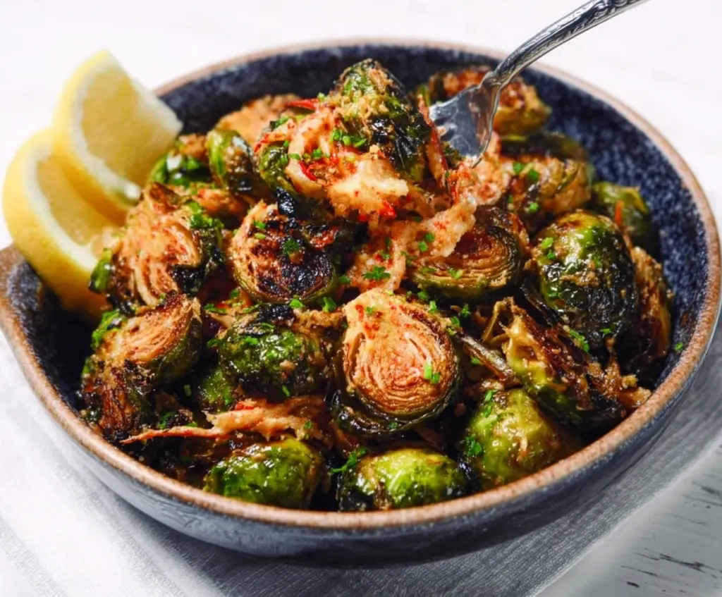 Delicious Red Lobster Brussels Sprouts side dish with crispy, seasoned greens on a plate.