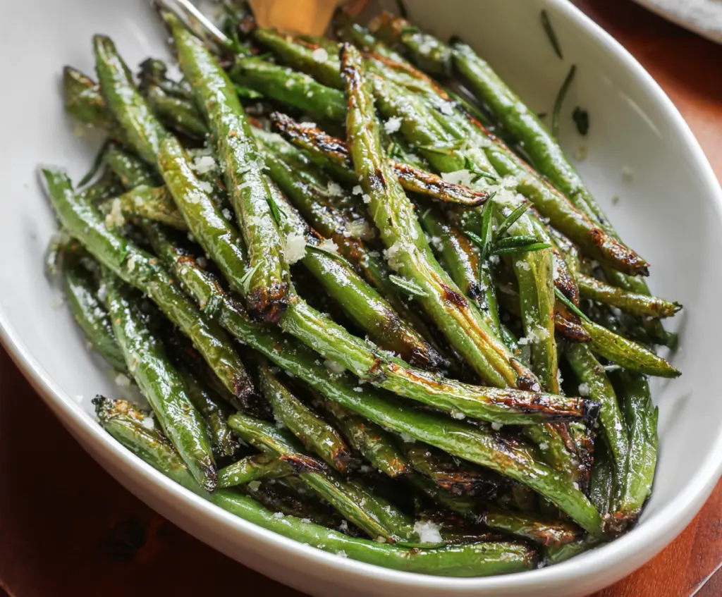 Delicious roasted green beans topped with garlic and herbs, perfect for a healthy side dish.