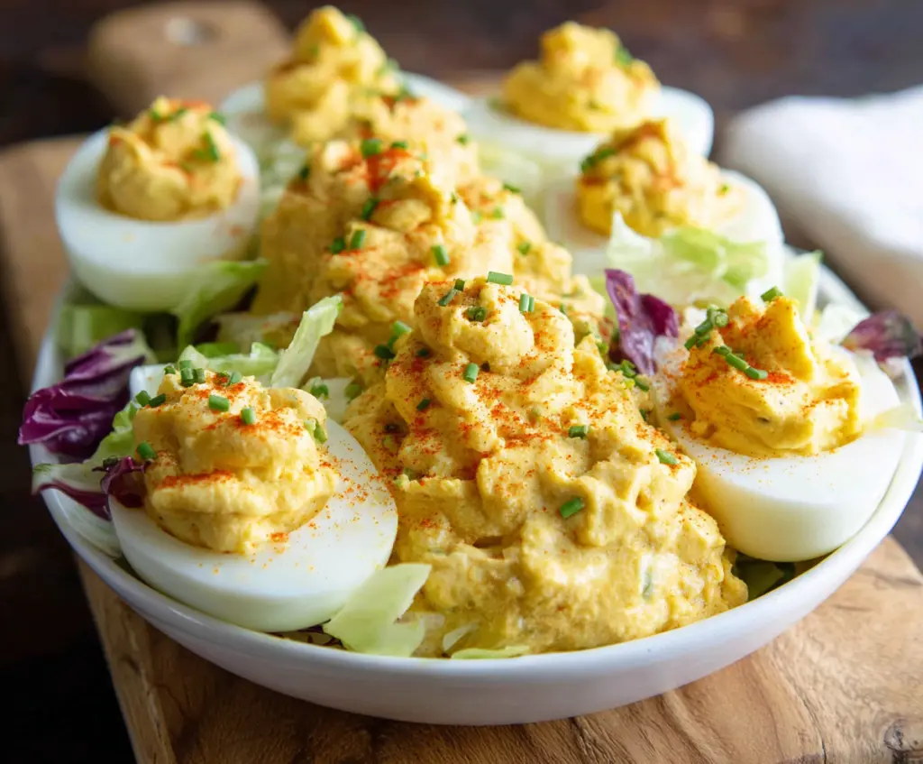 Salad deviled eggs with fresh greens and colorful vegetables