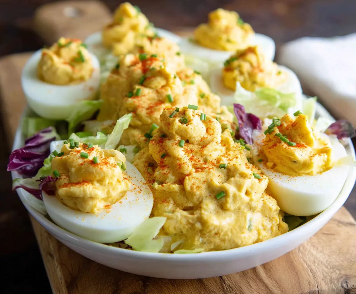 Salad deviled eggs with fresh greens and colorful vegetables