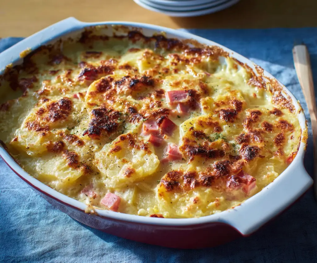 Delicious scalloped potatoes with ham served in a white bowl, garnished with herbs.