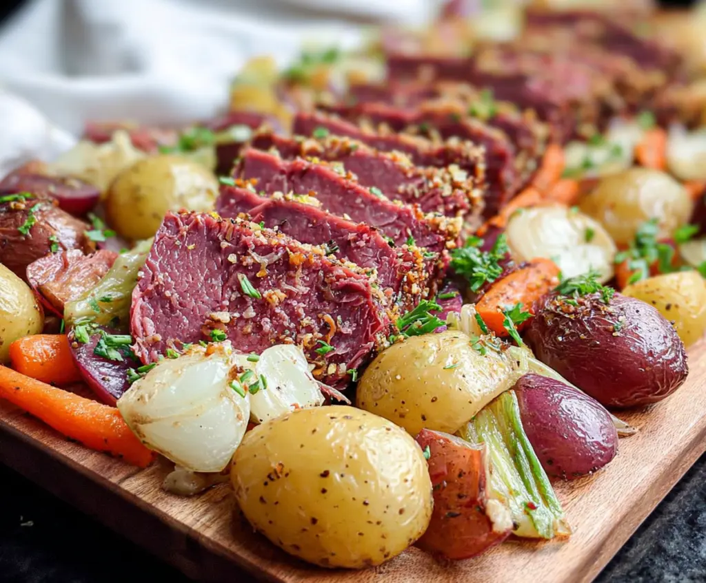 Delicious sheet pan corned beef with roasted vegetables on a baking sheet.