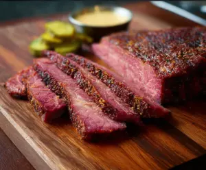 Delicious smoked corned beef served with a side of vegetables for a hearty meal