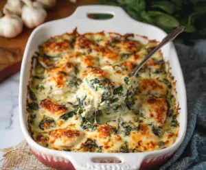 Delicious spinach artichoke chicken casserole in a baking dish, garnished with herbs.