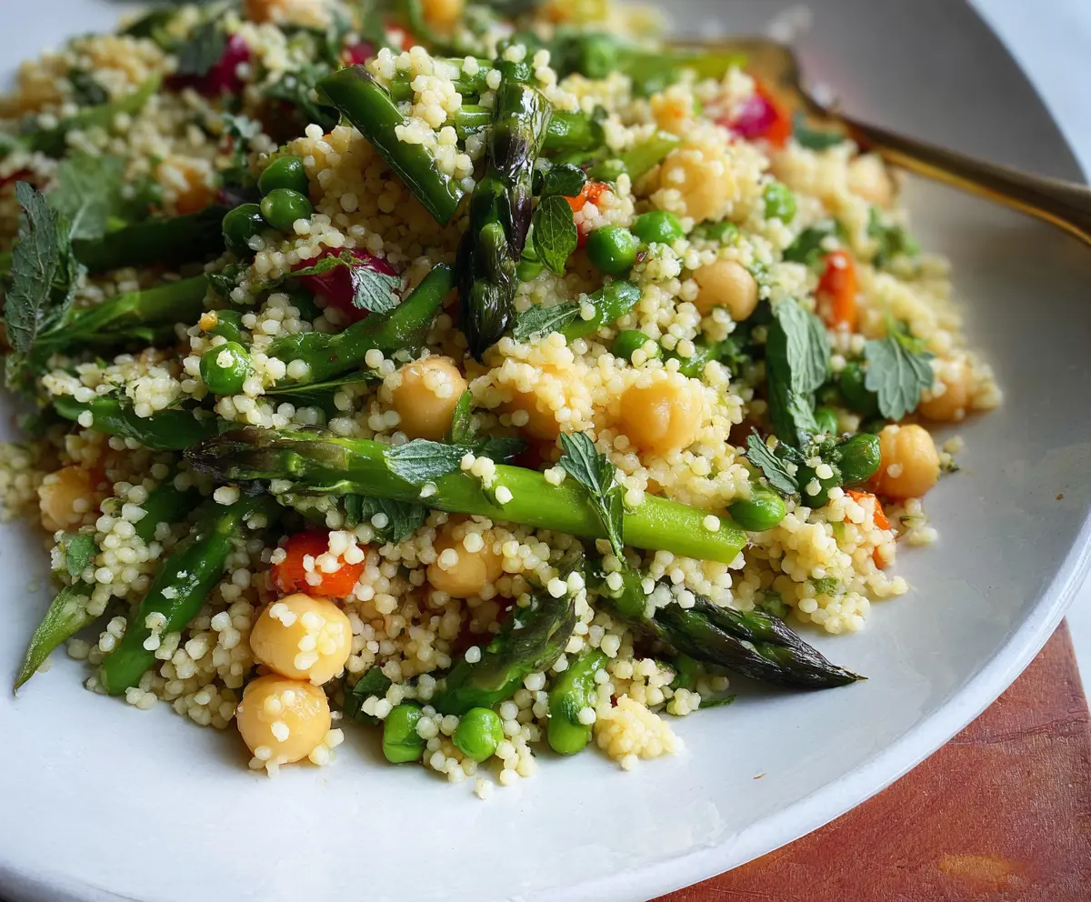 Colorful spring couscous salad with fresh vegetables and herbs on a white plate.
