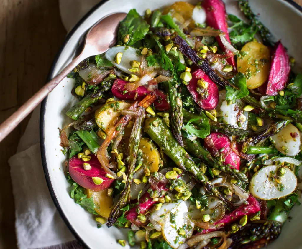 Fresh spring root vegetable salad topped with crunchy pistachios and drizzled with tangy pistachio vinaigrette.