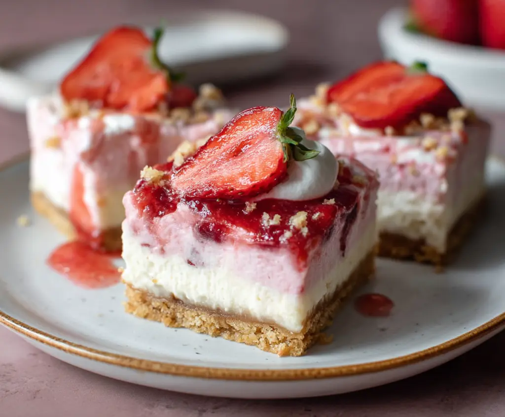 Delicious strawberry cheesecake bars with a creamy topping and fresh strawberries on top.