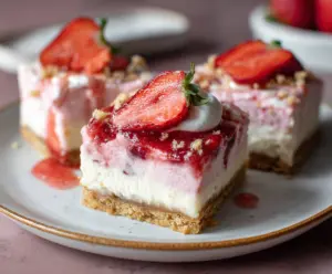 Delicious strawberry cheesecake bars with a creamy topping and fresh strawberries on top.