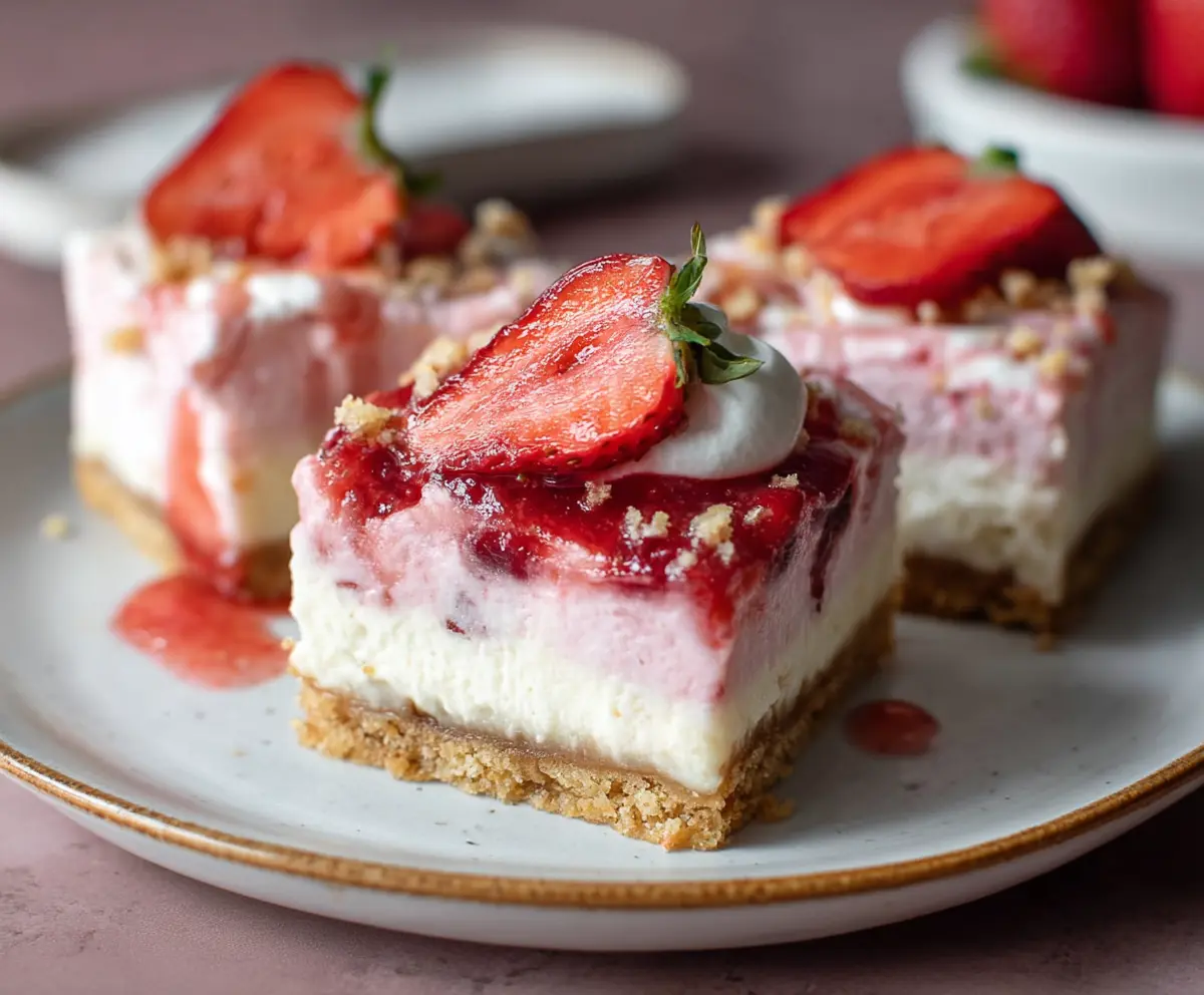 Delicious strawberry cheesecake bars with a creamy topping and fresh strawberries on top.