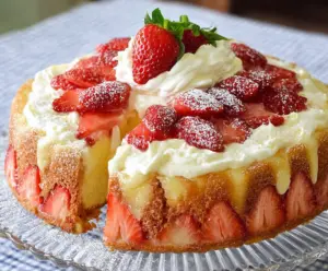 Delicious strawberry custard cake with fresh strawberries and creamy layers.