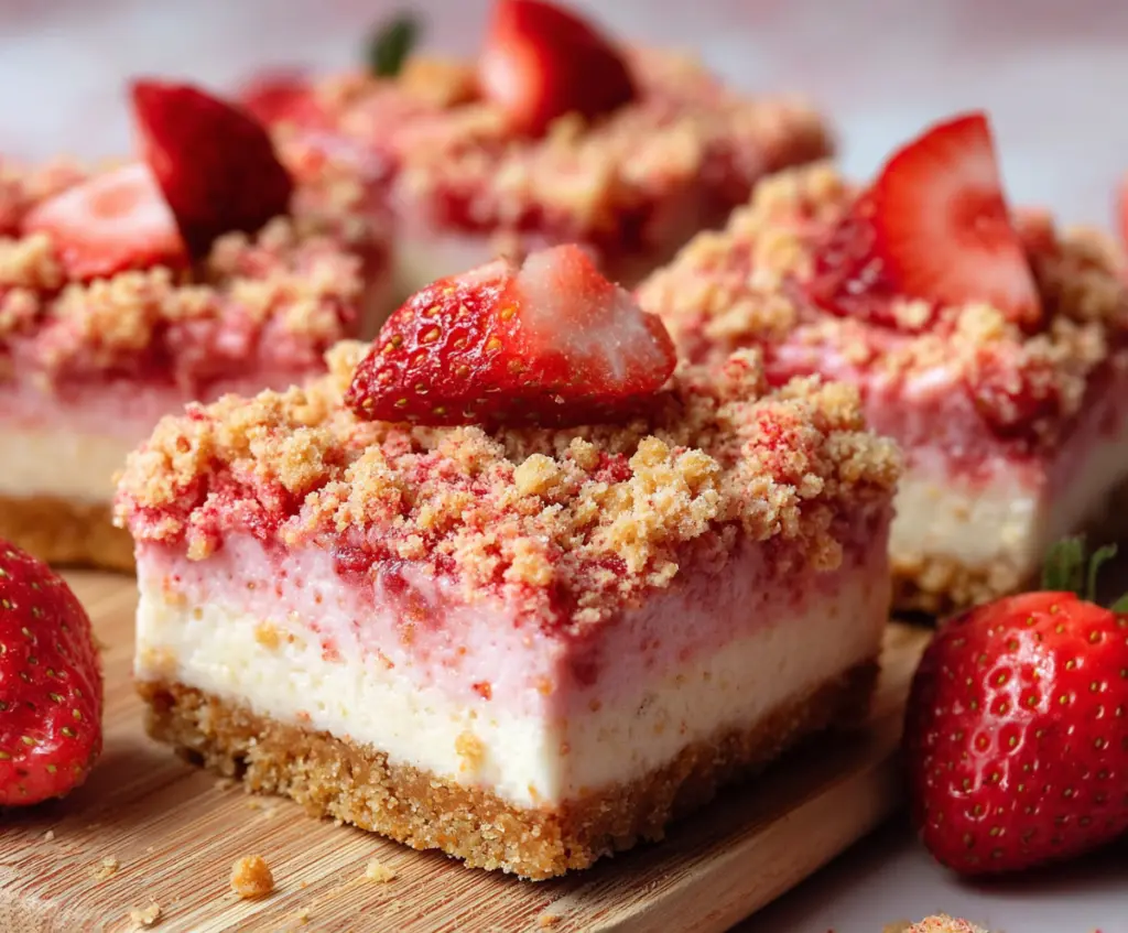 Delicious strawberry shortcake cheesecake bars topped with fresh strawberries and whipped cream.