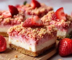 Delicious strawberry shortcake cheesecake bars topped with fresh strawberries and whipped cream.