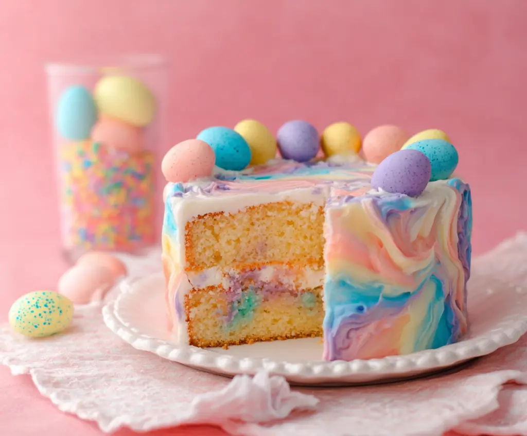 Colorful Swirled Easter Cake with festive icing and vibrant decorations for holiday celebrations